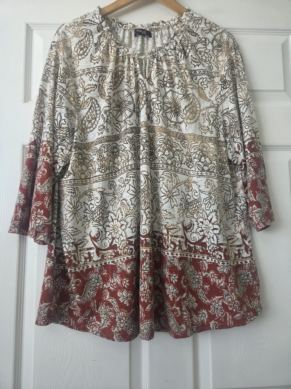Style&Co Boho Floral Print Peasant Top - Red & Cream